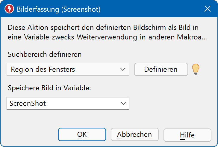 Die Screenshot-Funktion erfasst Bitmaps von jedem Programm (Bereich), z.B. um sie in Ihrem Skript mit KI zu analysieren. Die Screenshot-Funktion erfasst Bitmaps von jedem Programm (Bereich), z.B. um sie in Ihrem Skript mit KI zu analysieren.